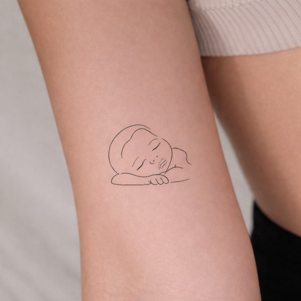 Single line drawing of a sleeping newborn baby as tattoo inspiration, minimalist baby portrait tattoo idea, personalised new mum gift
