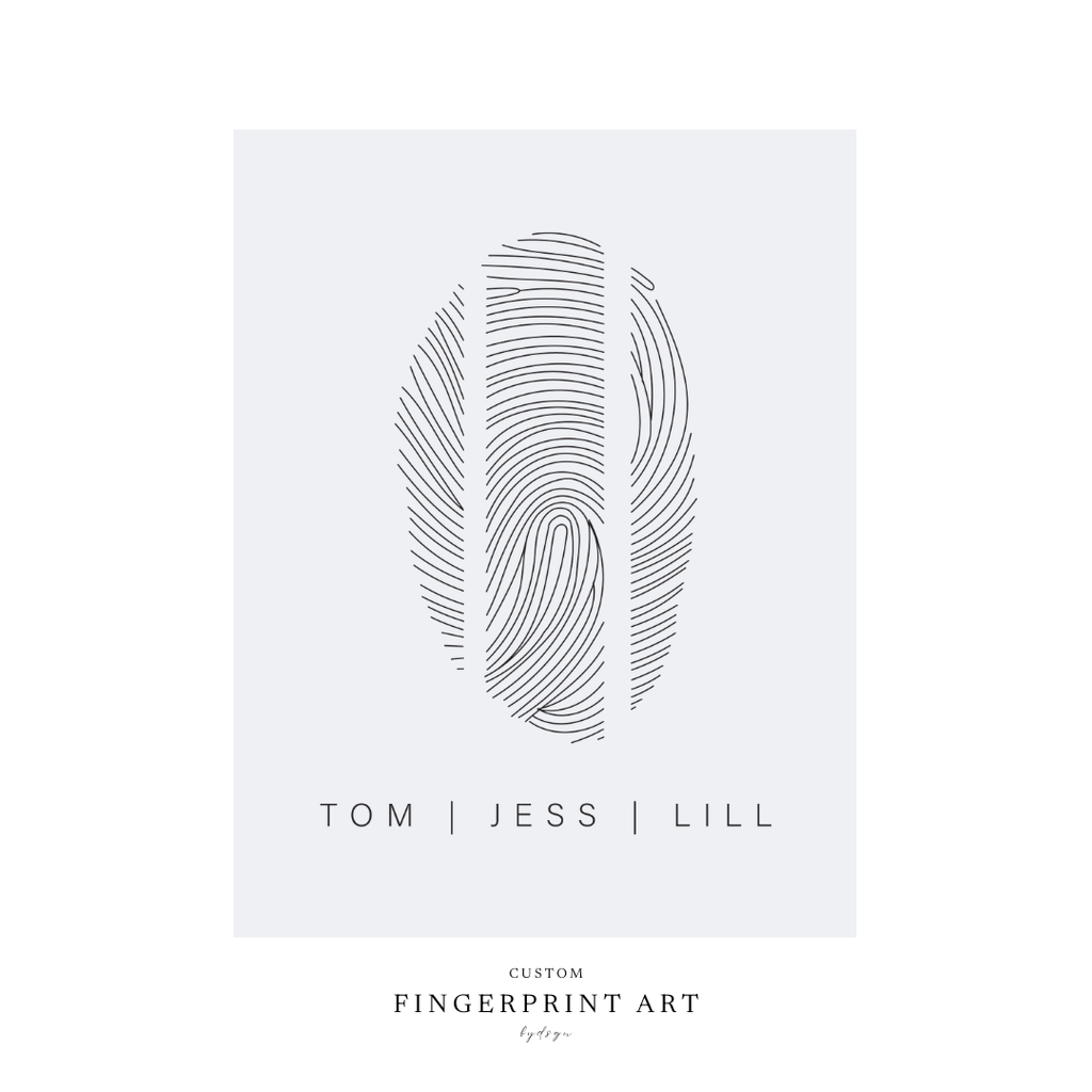Custom three fingerprint art with personalised names - minimalist family fingerprint wall art, unique new baby, family or memorial keepsake gift