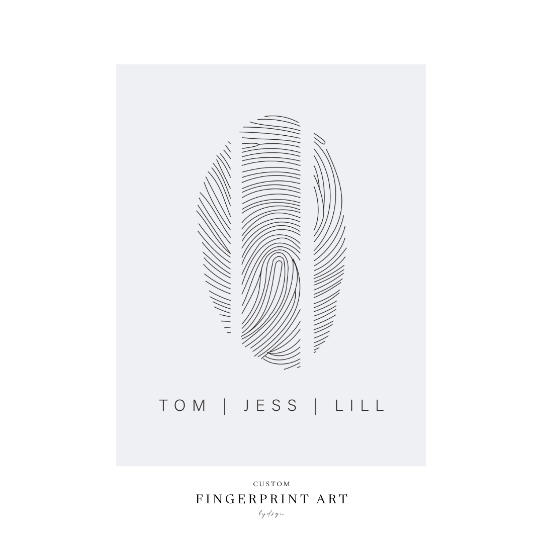 Custom three fingerprint art with personalised names - minimalist family fingerprint wall art, unique new baby, family or memorial keepsake gift