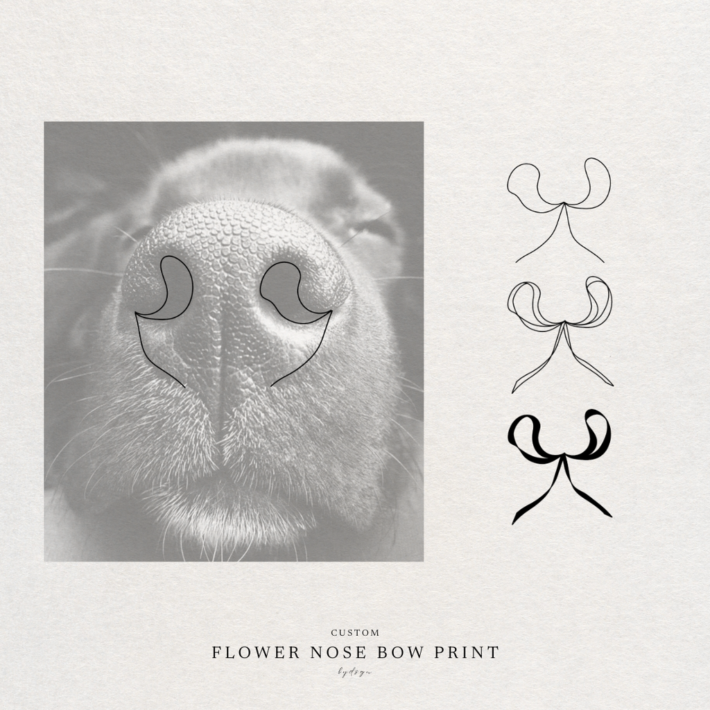 Minimalist pet feature bow design, fineline pet art of the dog nose turned into a fineline bow.  Atelier By DSGN meaningful design.
