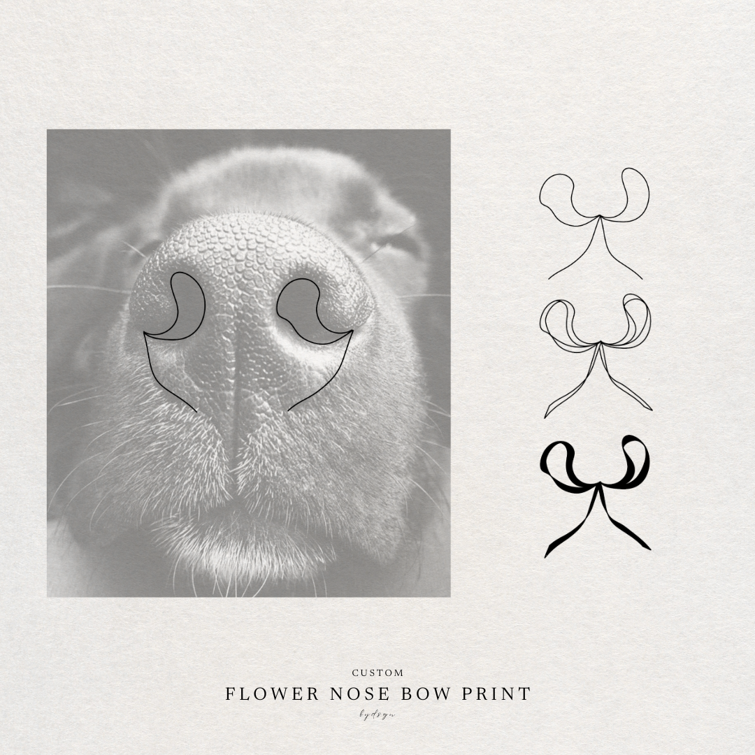 Minimalist pet feature bow design, fineline pet art of the dog nose turned into a fineline bow.  Atelier By DSGN meaningful design.