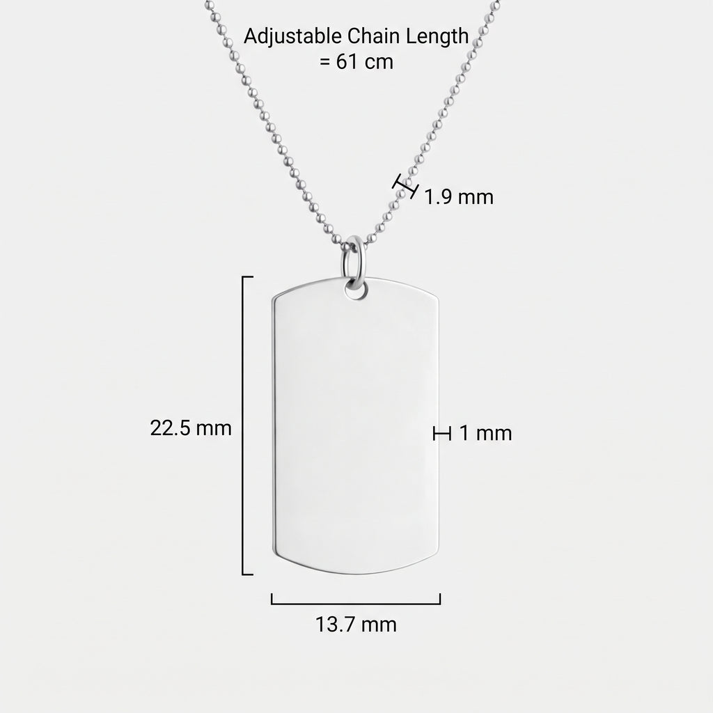 Custom 925 sterling silver dog tag pendant necklace shown on a light gray background with product dimension labels indicating 13.7 mm width, 22.5 mm height, and 1 mm thickness and with an adjustable 61cm ball chain necklace with 19mm balls.  Meaningful engraved jewelry from Atelier By DSGN.