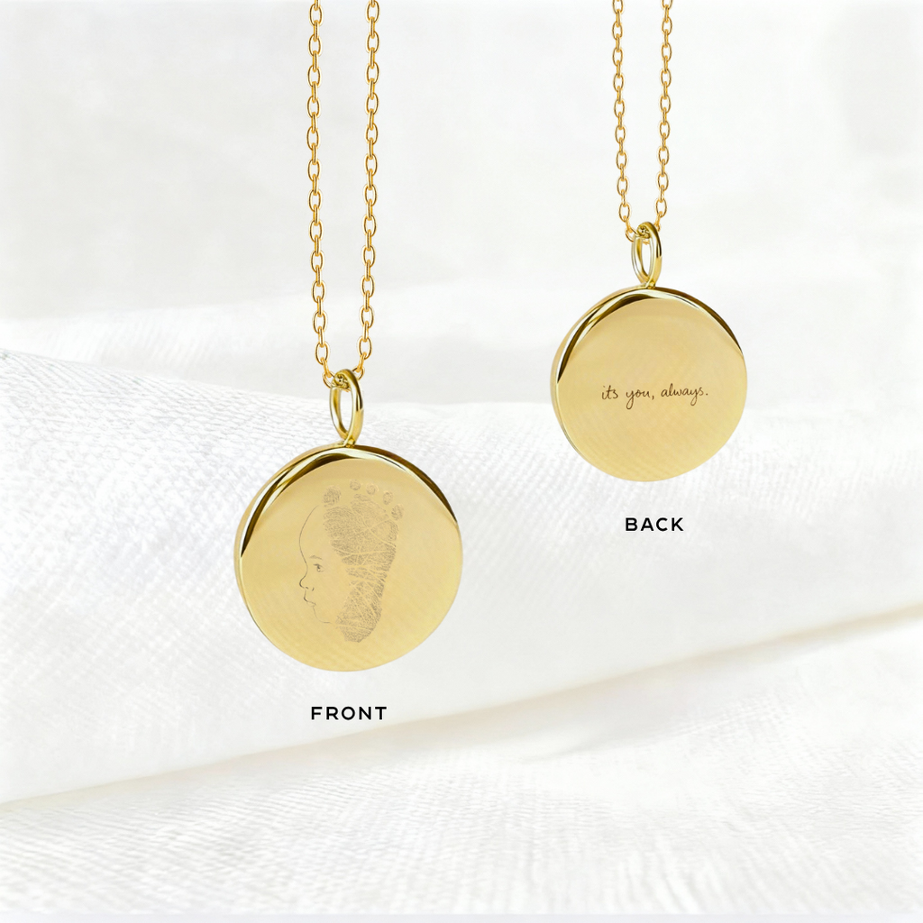 Double sided, custom single line drawing and fingerprint coin necklace in 18k gold vermeil -personalised engraved portrait with handwriting on reverse, unique new mum or memorial gift
