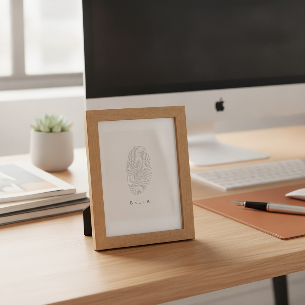 A light oak wood picture frame displaying a minimalist fingerprint art print from Atelier By Dsgn with the name 'BELLA' underneath, styled on a wooden desk in front of a computer monitor. Custom fingerprint artwork.