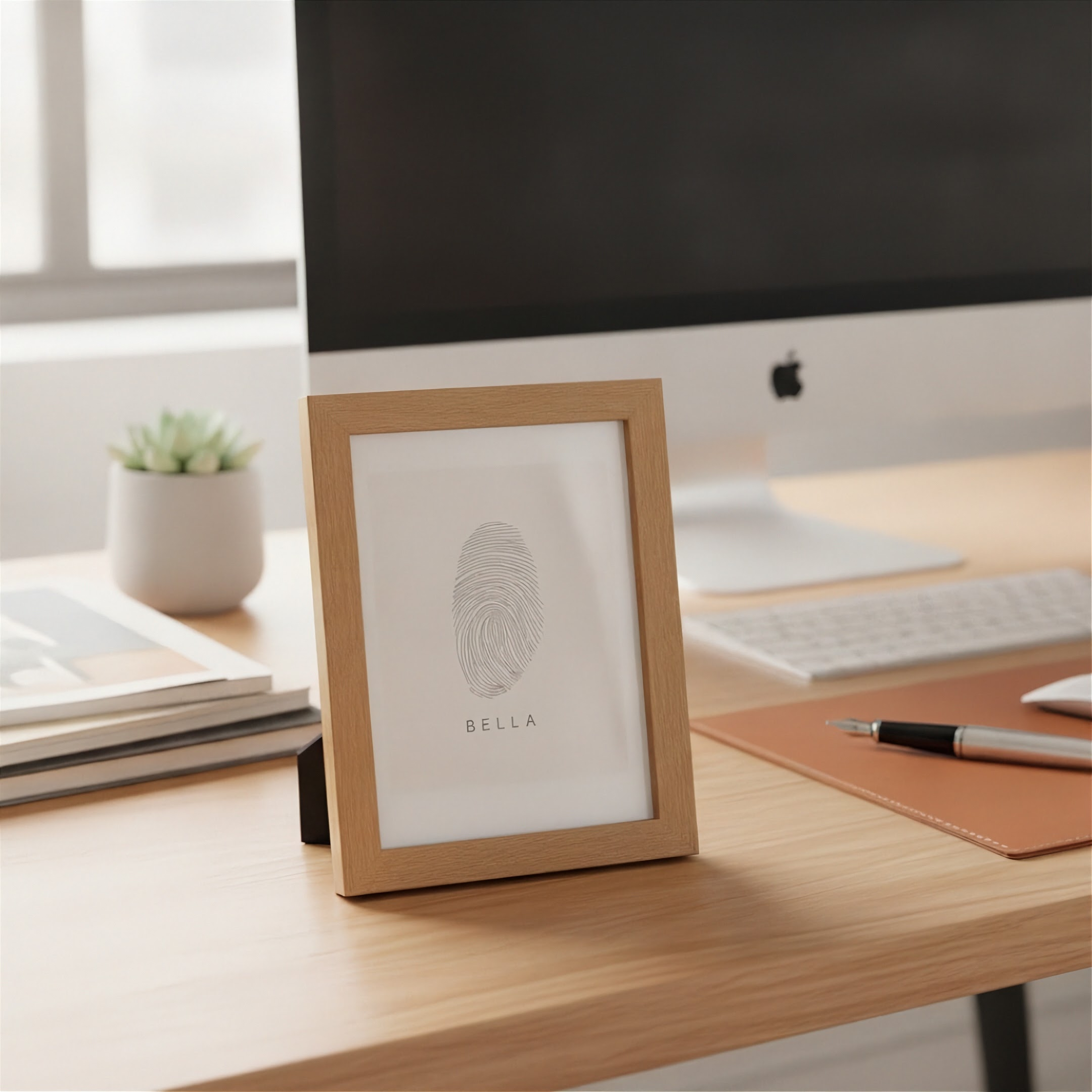 A light oak wood picture frame displaying a minimalist fingerprint art print from Atelier By Dsgn with the name 'BELLA' underneath, styled on a wooden desk in front of a computer monitor. Custom fingerprint artwork.