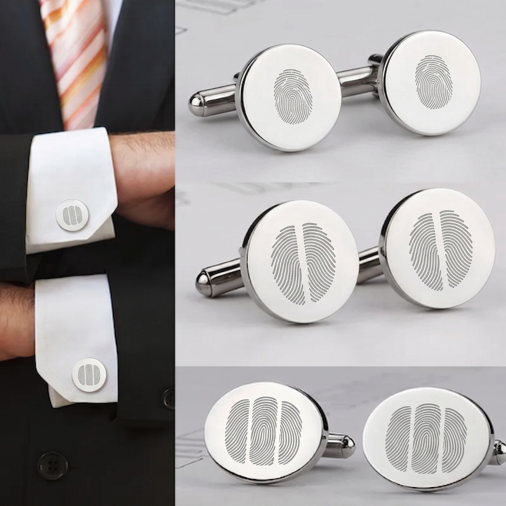 A set of round coin sterling silver cufflinks with featuring engraved fingerprint patterns showing one fingerprint, two fingerprints and three fingerprint designs shown both close-up and worn on a dress shirt cuff.  Meaningful men's jewelry from Atelier By DSGN.