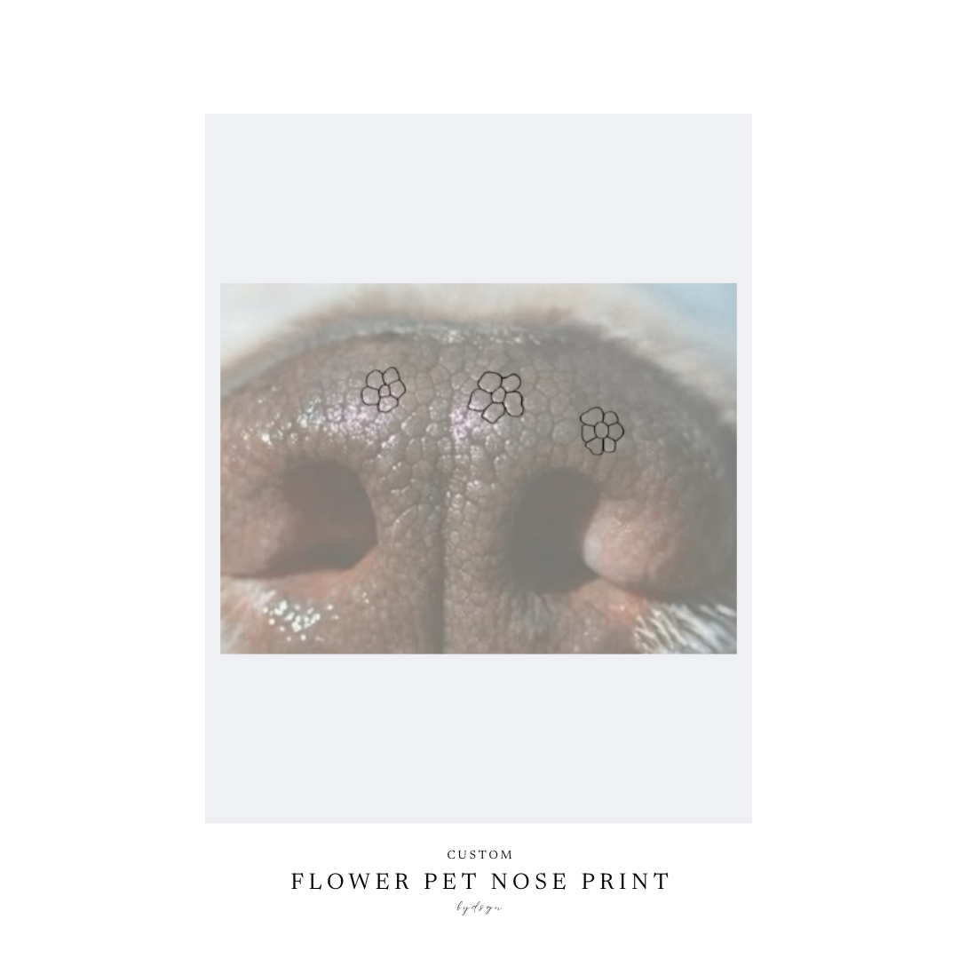 A close-up of a dog's nose with three small flower-shaped printed marks above the nostrils for our flower pet nose print, centered on a light gray background with the text 'CUSTOM FLOWER PET NOSE PRINT' below.