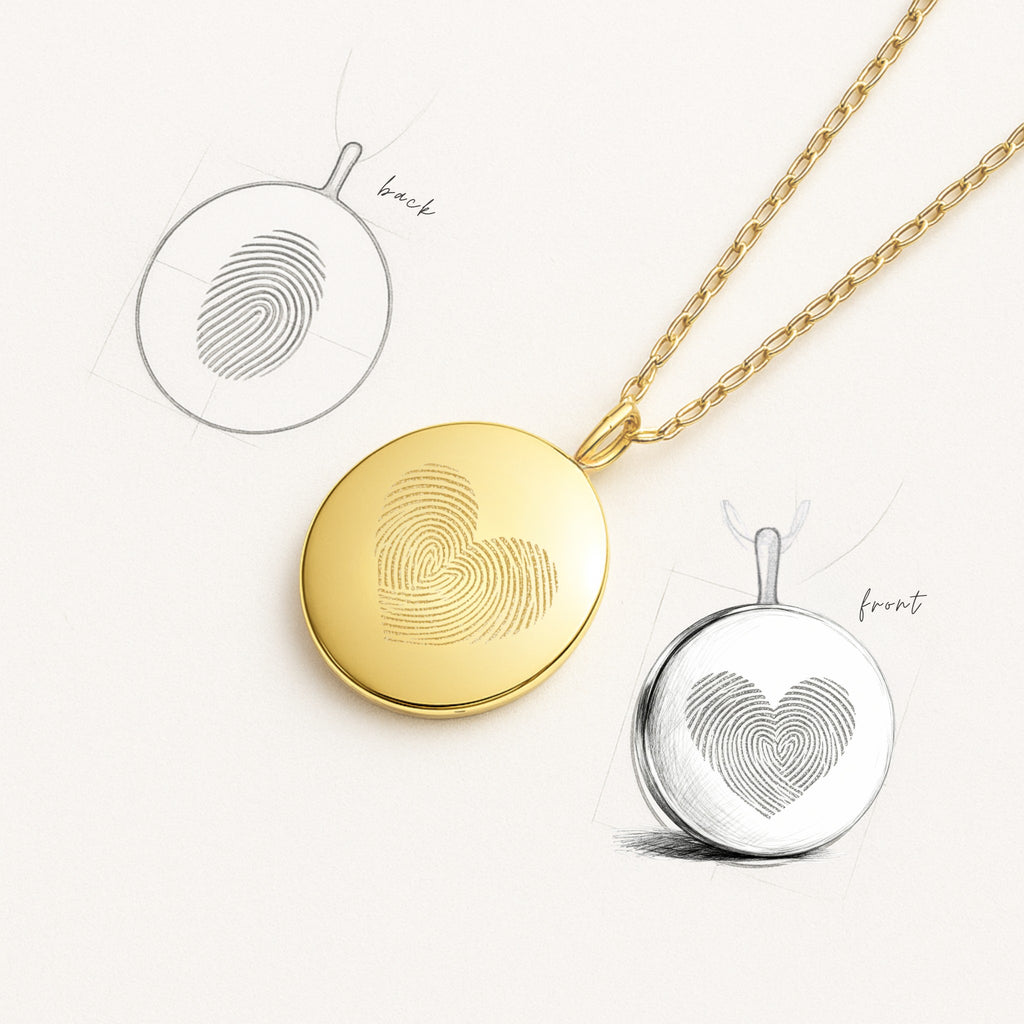 Heart Fingerprint Coin Necklace in 18K Gold Vermeil by Atelier displayed beside design sketches showing front and back engraving options. Features two fingerprints forming a heart on the front and a single fingerprint on the reverse - a luxurious, double-sided personalised pendant symbolising love and memory.