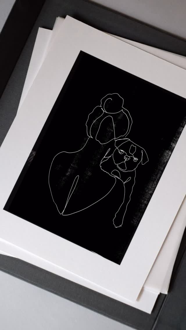 Custom single line drawing artwork by Atelierbydsgn featuring a minimalist personalized woman and pug pet portrait, printed as modern black and white wall art.