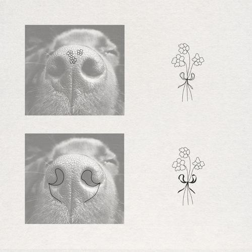 A product presentation showing a set of tattoo designs for a dog's nose. The left side displays a close-up of a dog's nose with two sets of custom designs applied: small flowers on the bridge and crescent moon shapes that form a bow on the nostrils.  Meaningful art from Atelier By DSGN.