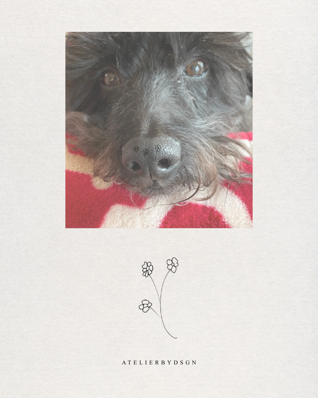 Photo close up of a pet nose with three tiny photos showing formation of the custom pet nose floral bouquet design.  Pic of the design is below the image showing the formation.  Meaningful minimalist  tiny art from Atelier By DSGN.
