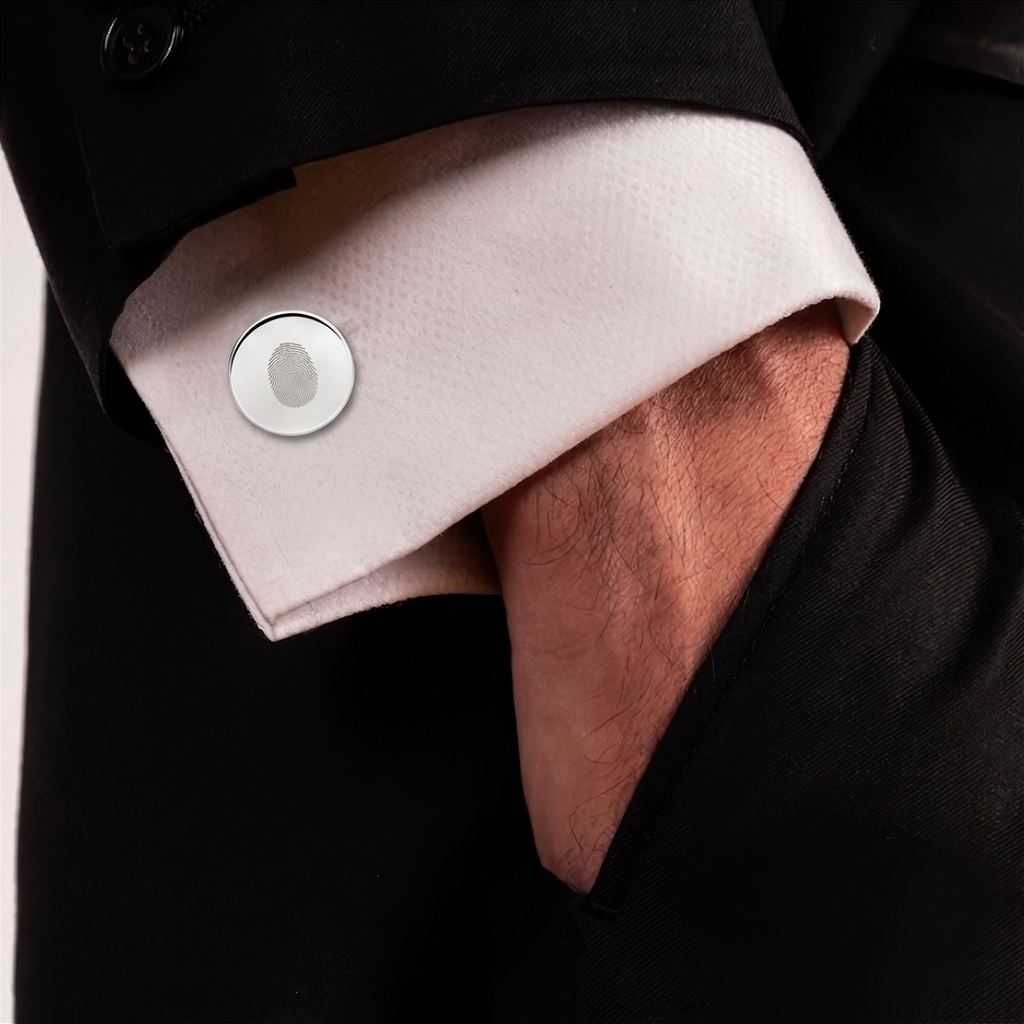 A close-up of a white dress shirt cuff with a single fingerprint engraved silver cufflink, worn under a black suit jacket. A hand is tucked into the jacket pocket.  Fingerprint jewelry from Atelier By DSGN