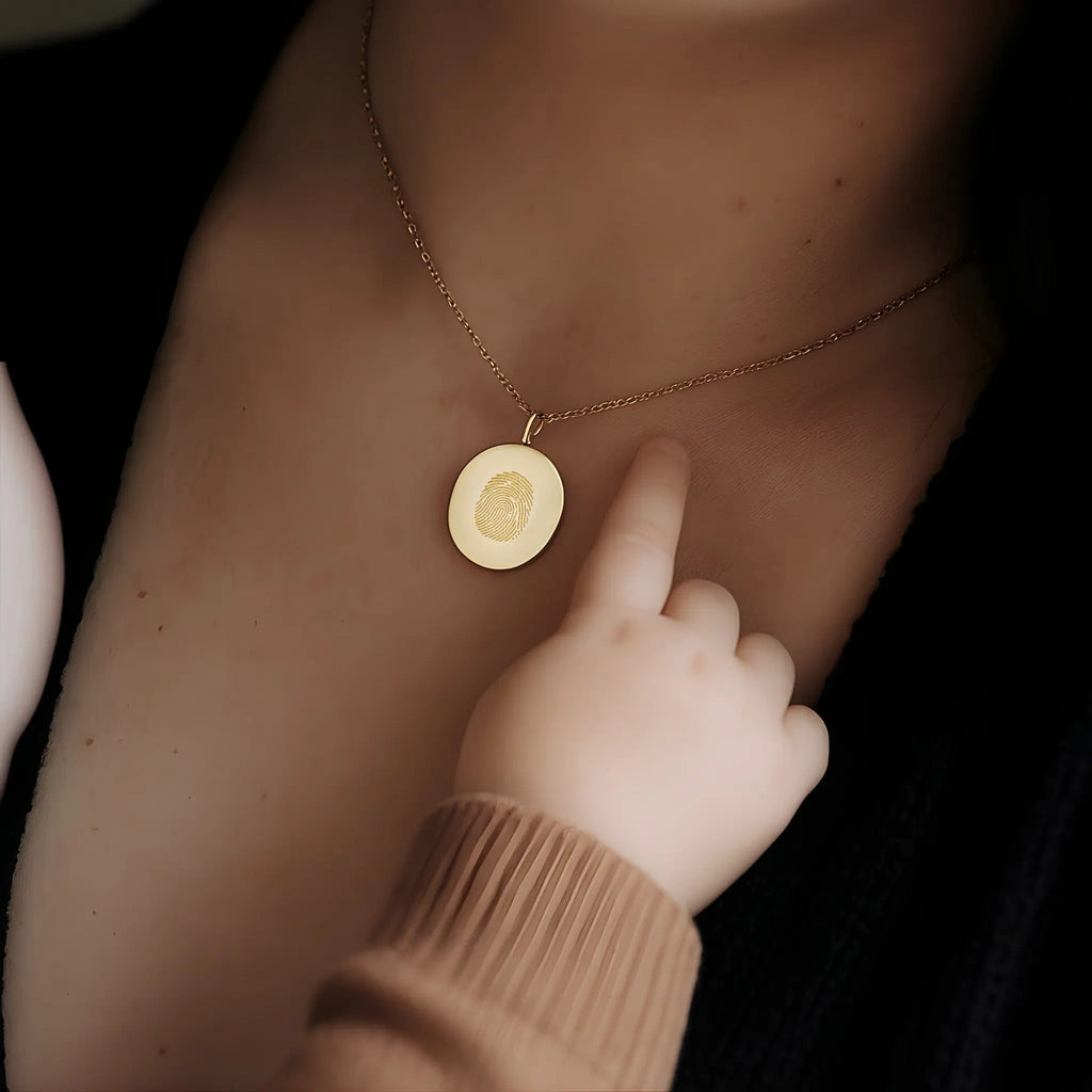 18k gold vermeil single fingerprint coin necklace by Atelier By DSGN showcasing a personalized pendant design.