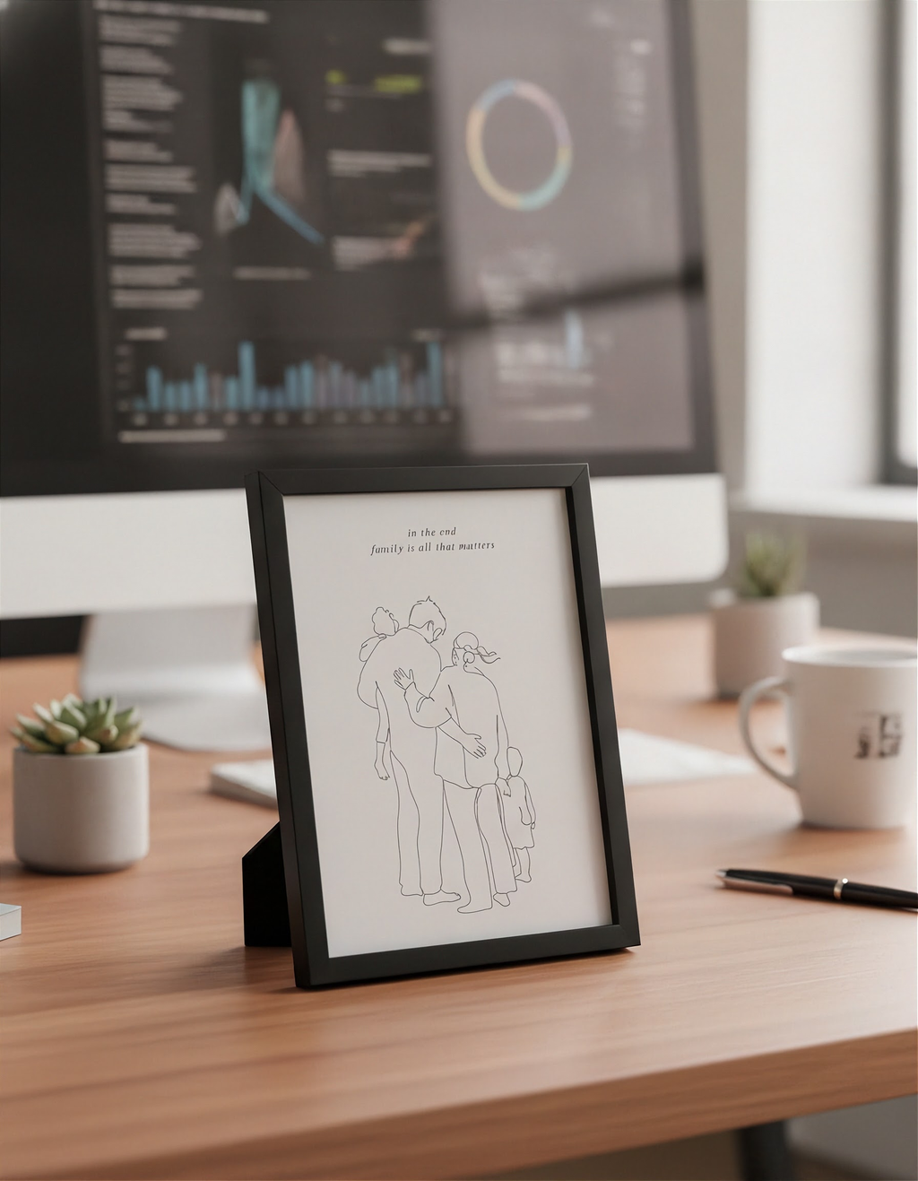 Framed minimalist family portrait wall art in a black frame on a wooden desk, showcasing custom single line drawing art.  Atelier by DSGN custom artwork.