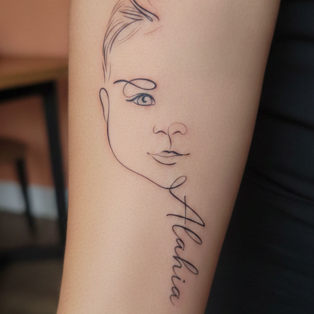 A meaningful tattoo design on an arm featuring a single line drawing of a baby's profile and custom script name, showing a minimalist portrait used as fine line tattoo inspiration.